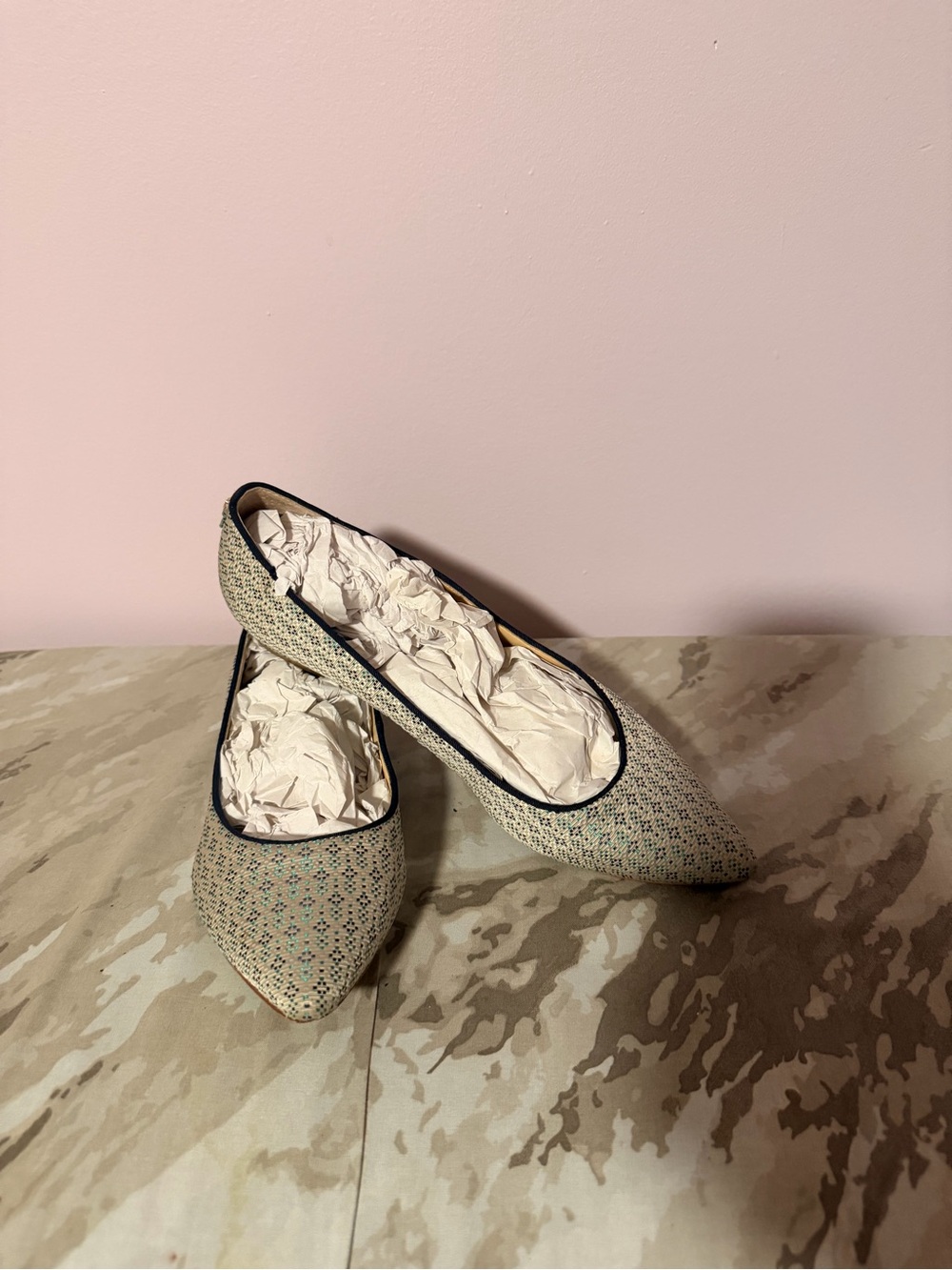 Ivanka Trump Beige Woven Pointed-Toe Flats with Black Trim